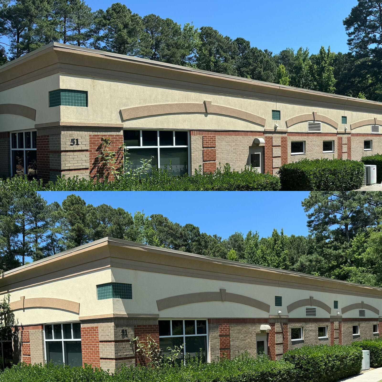 Commercial building exterior before and after washing