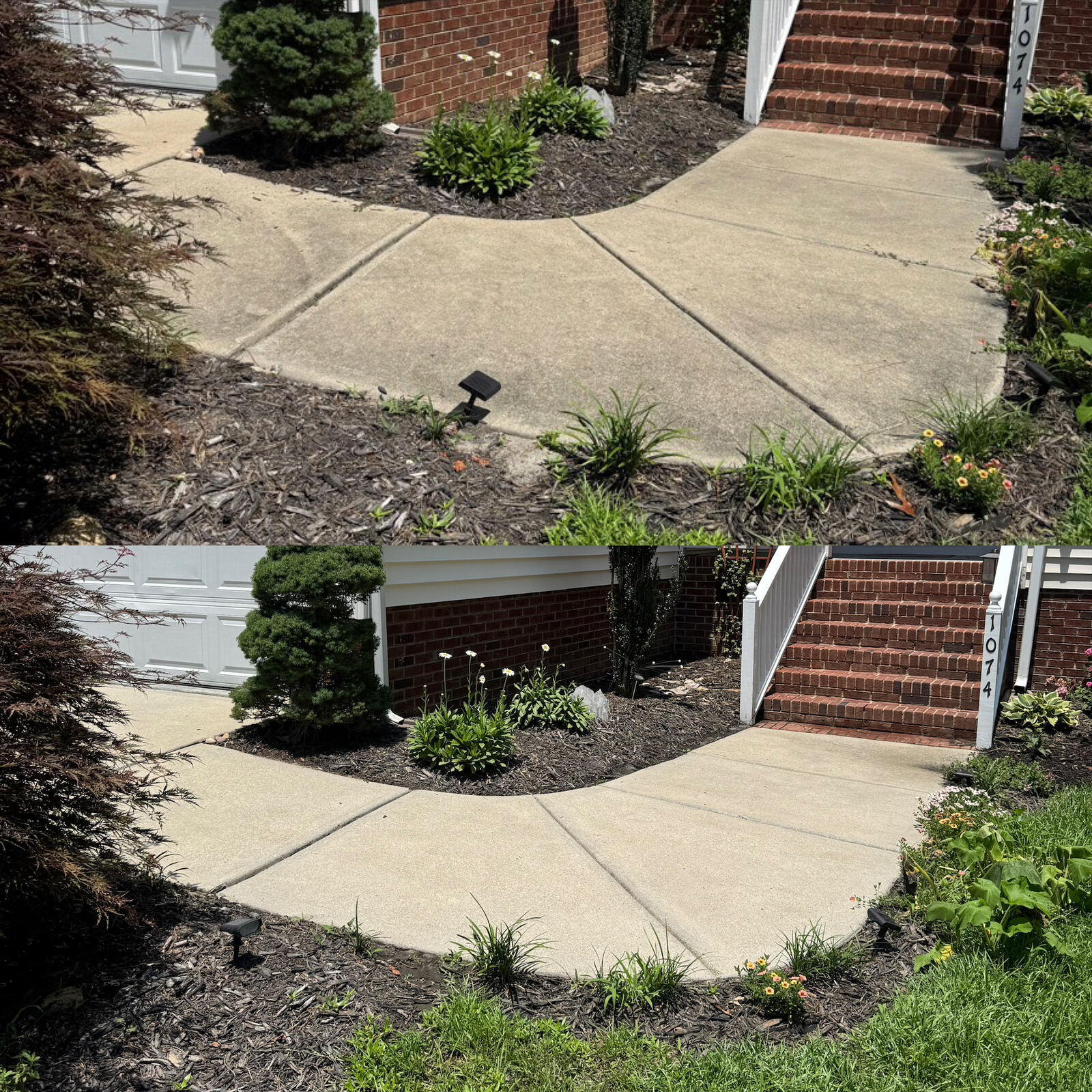 Curved front walkway before and after pressure washing