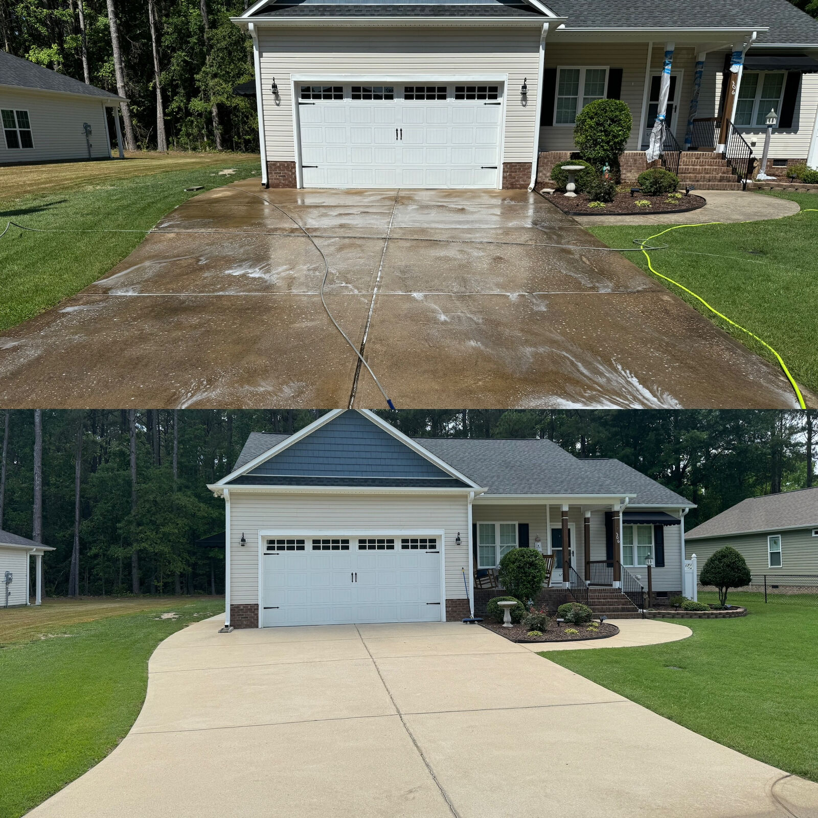 Driveway and garage before and after pressure washing