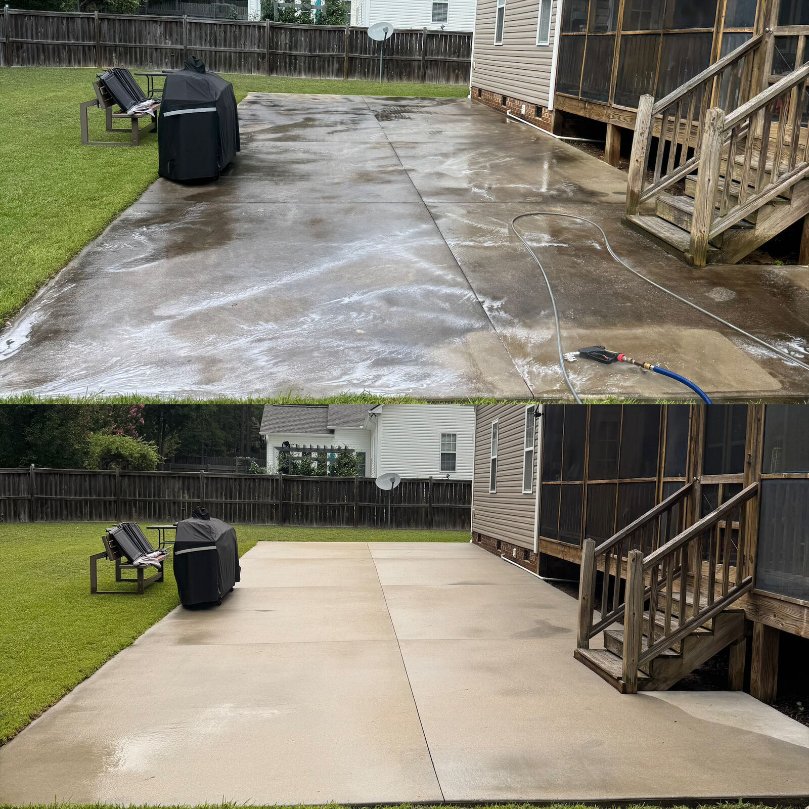 Backyard patio before and after pressure washing