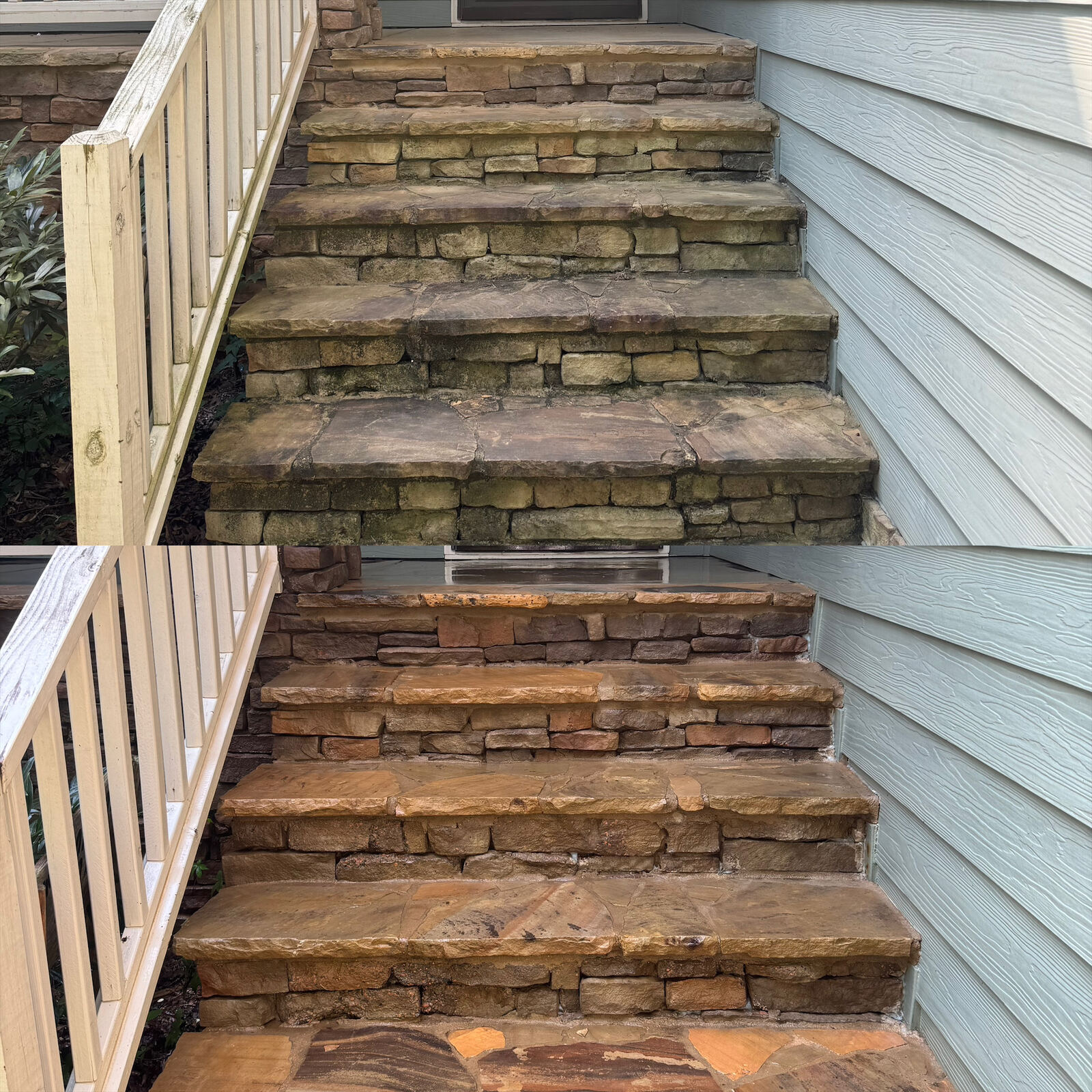 Stone steps before and after pressure washing